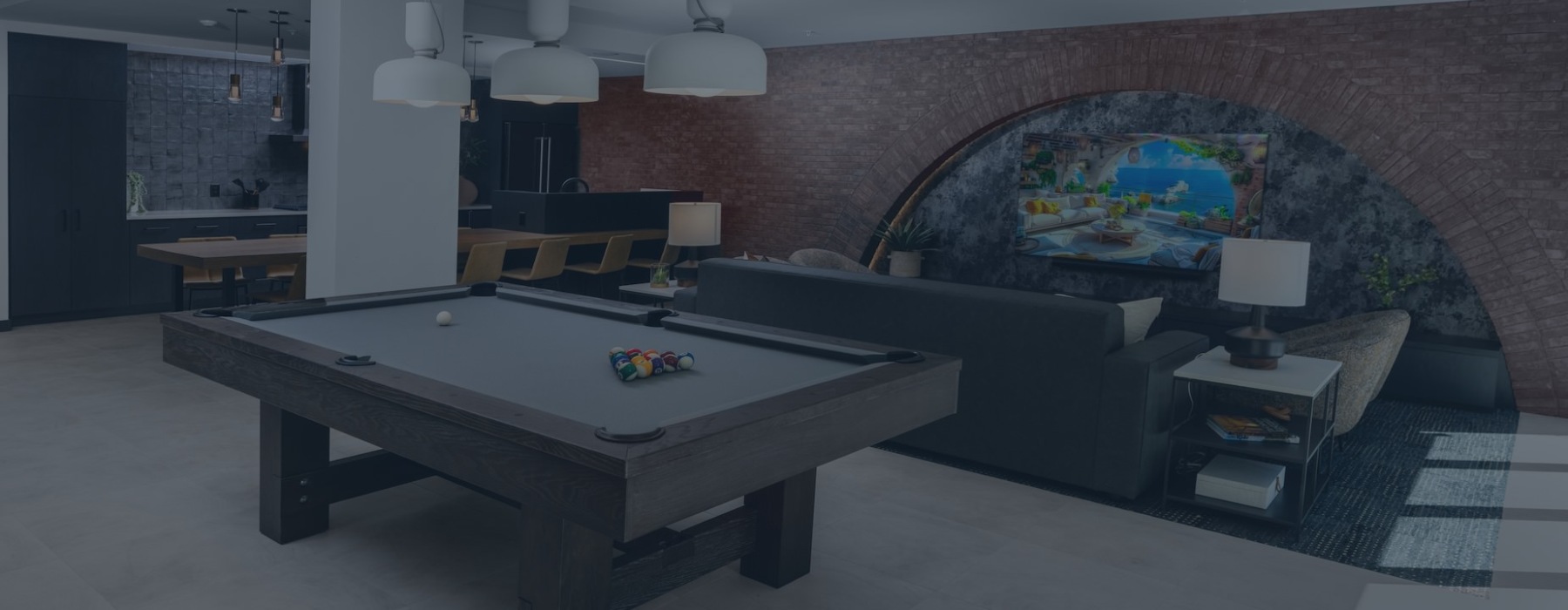 a clubroom with pool table, seating, and TV