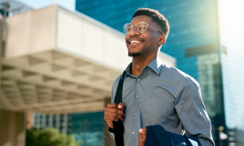 happy man walking to work